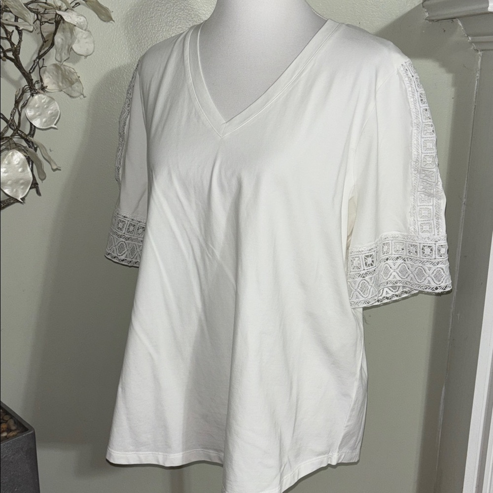 Chico's White V Neck Blouse with Lace Sleeves - Picture 5 of 5